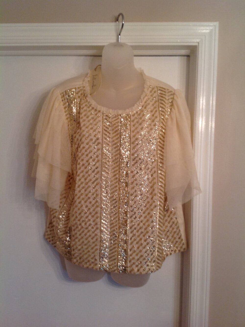 NWT Let Me Be Anthropologie Silver Gold Sequin Flutter Sleeve Blouse Shirt XL